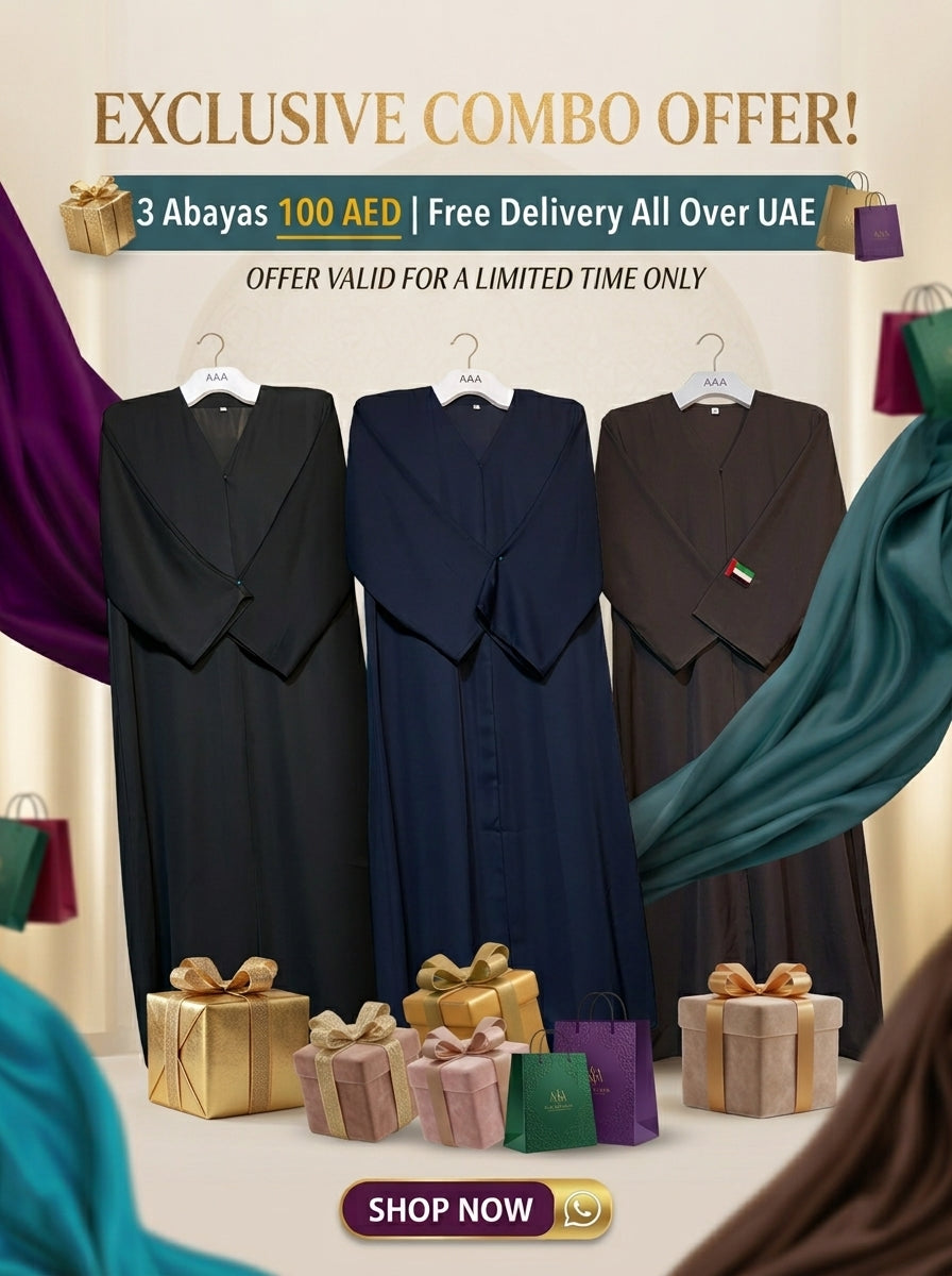 Premium Plain Abaya Combo Offer – Set of 3 (Black, Navy Blue & Brown)